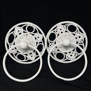 Pair of Wicker‎ Rattan Round Wall Mount Towel Ring White - Vintage Used